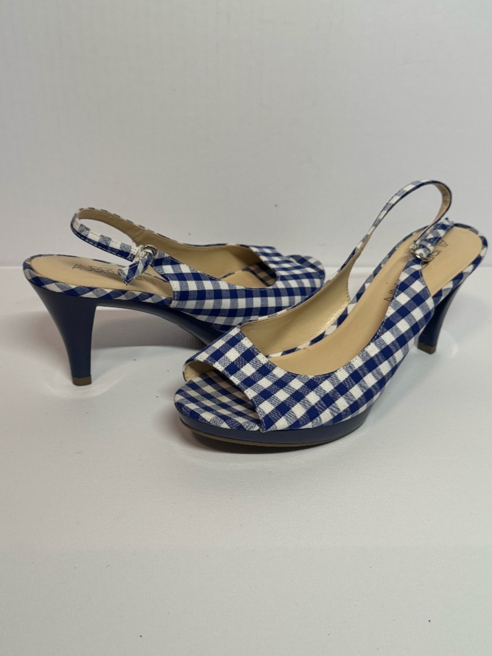 Aubrey Lynn Blue White Gingham Peep Toe Slingback Heels Size 7